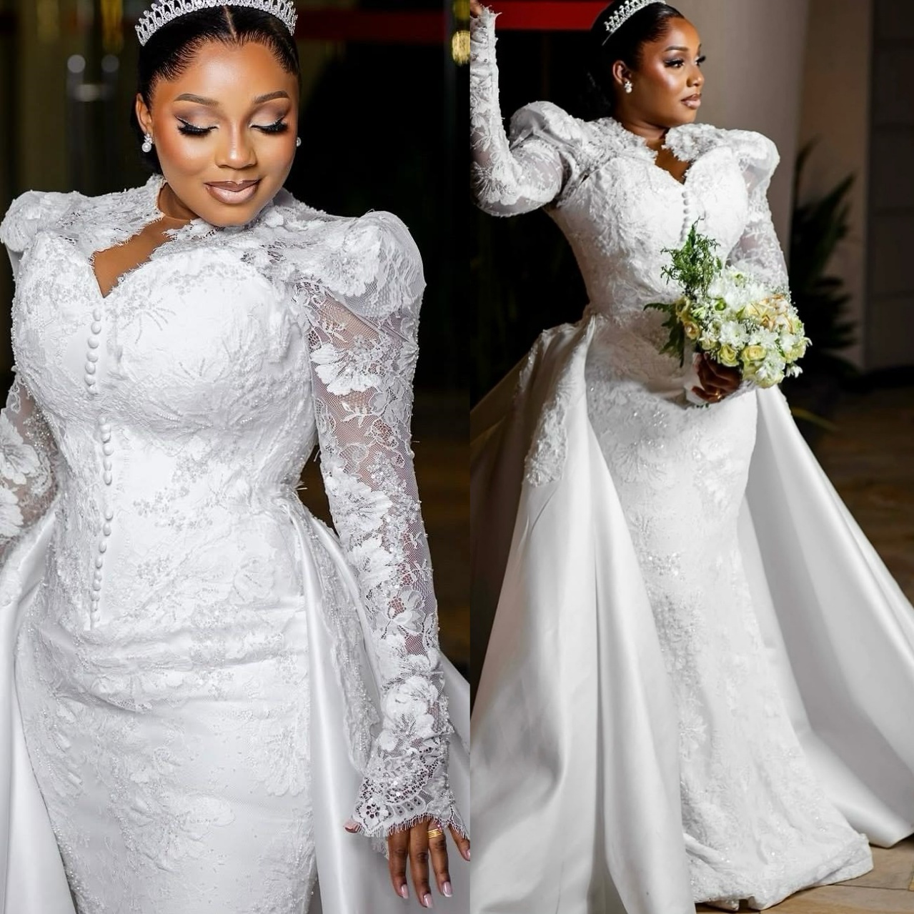African Aso Ebi 2026 White Mermaid Wedding Dress Sheer Neck Full Sleeves Lace Satin Detachable Train Vintage Bridal Gowns Dresses ZJ2377