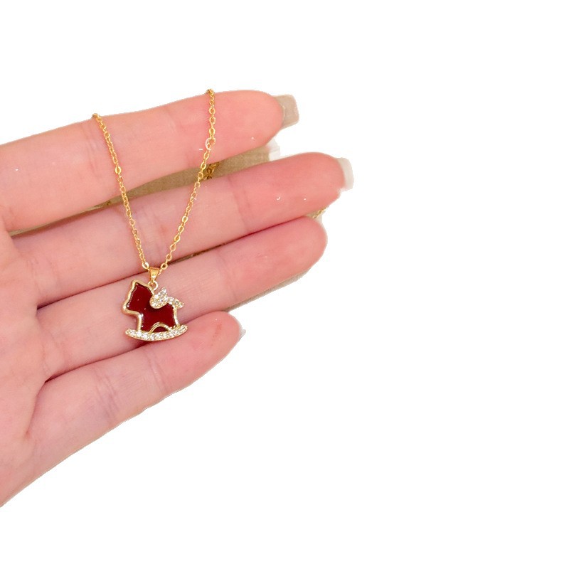 18K Real Gold Plated Zircon Pony Necklace Earrings New Chinese Style Zodiac Year Jewelry Set Light Luxury Elegant Accessories