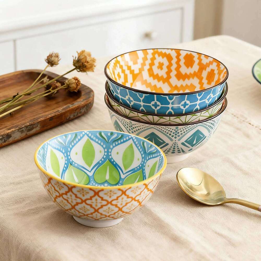 Bohemian Ceramic Bowl Set - Salad, Dessert, Soup, Fruit, Appetizer Snack Nut Bowls, Dishwasher & Microwave Safe