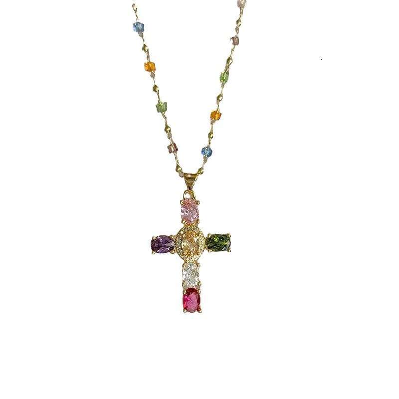 Cross-Border Colorful Cross Contrast Color Crystal Necklace for Women, Niche Design, Ins Style, Elegant Super Shiny Zircon Collarbone Chain