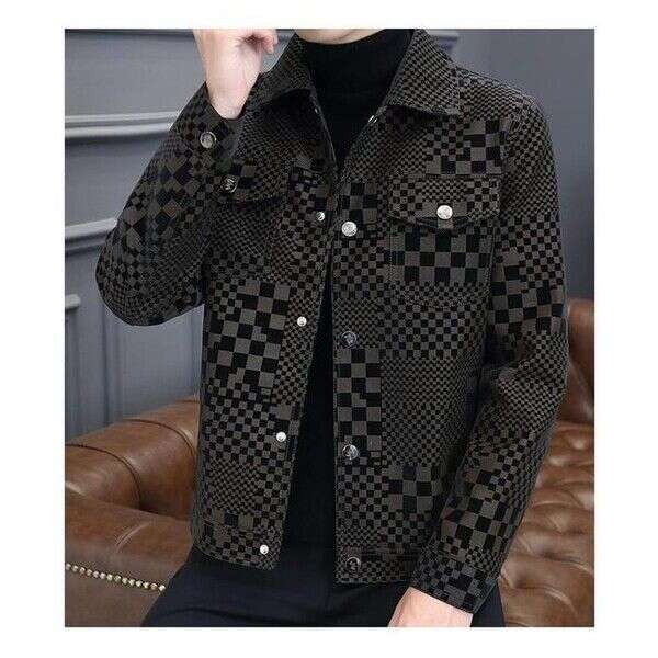 Thin Checkerboard Collar Leather Jacket For Men Men's Jacket Autumn Winter Slim Plus Fashion trend Thickened Biker Casual Coat Men plaid Leather 