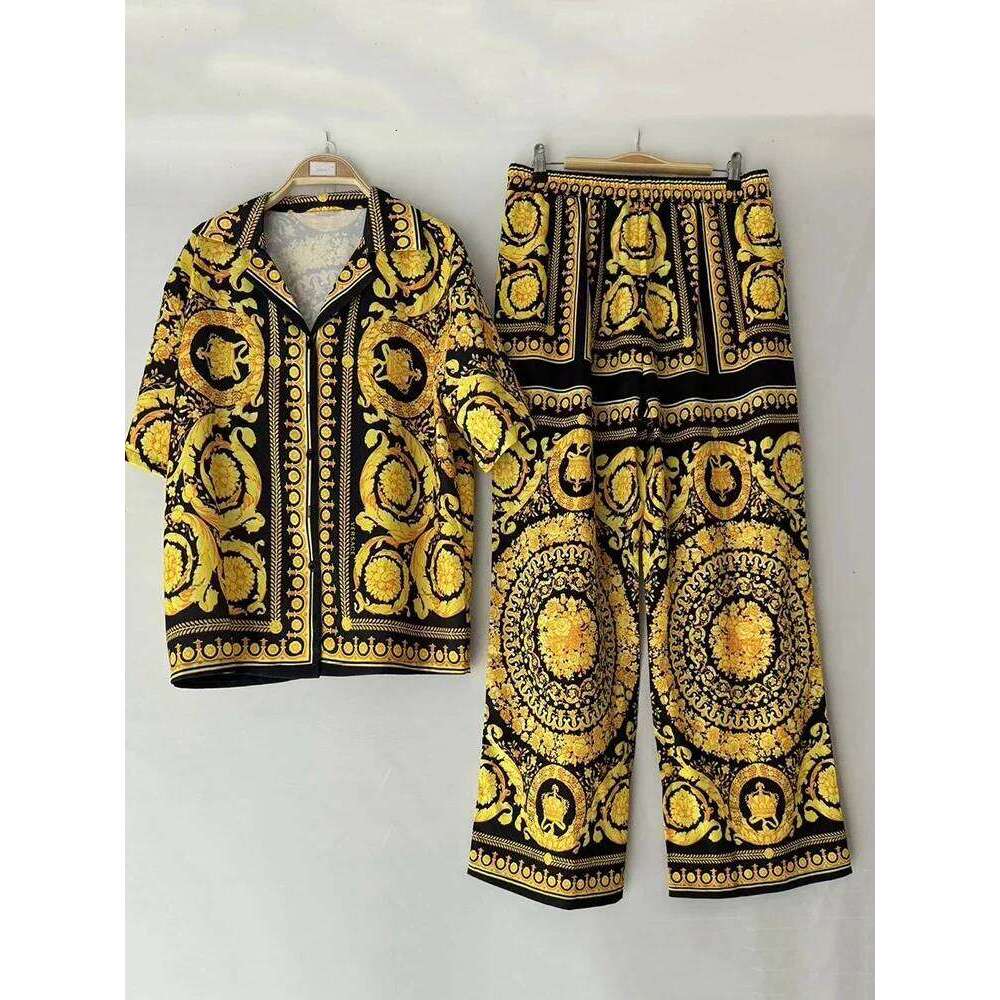 Designer's Retro Geometric Print Straight-Leg Pajama Shirt Two-Piece For Summer Women's Wear + Loose Wide-Leg Pants Set
