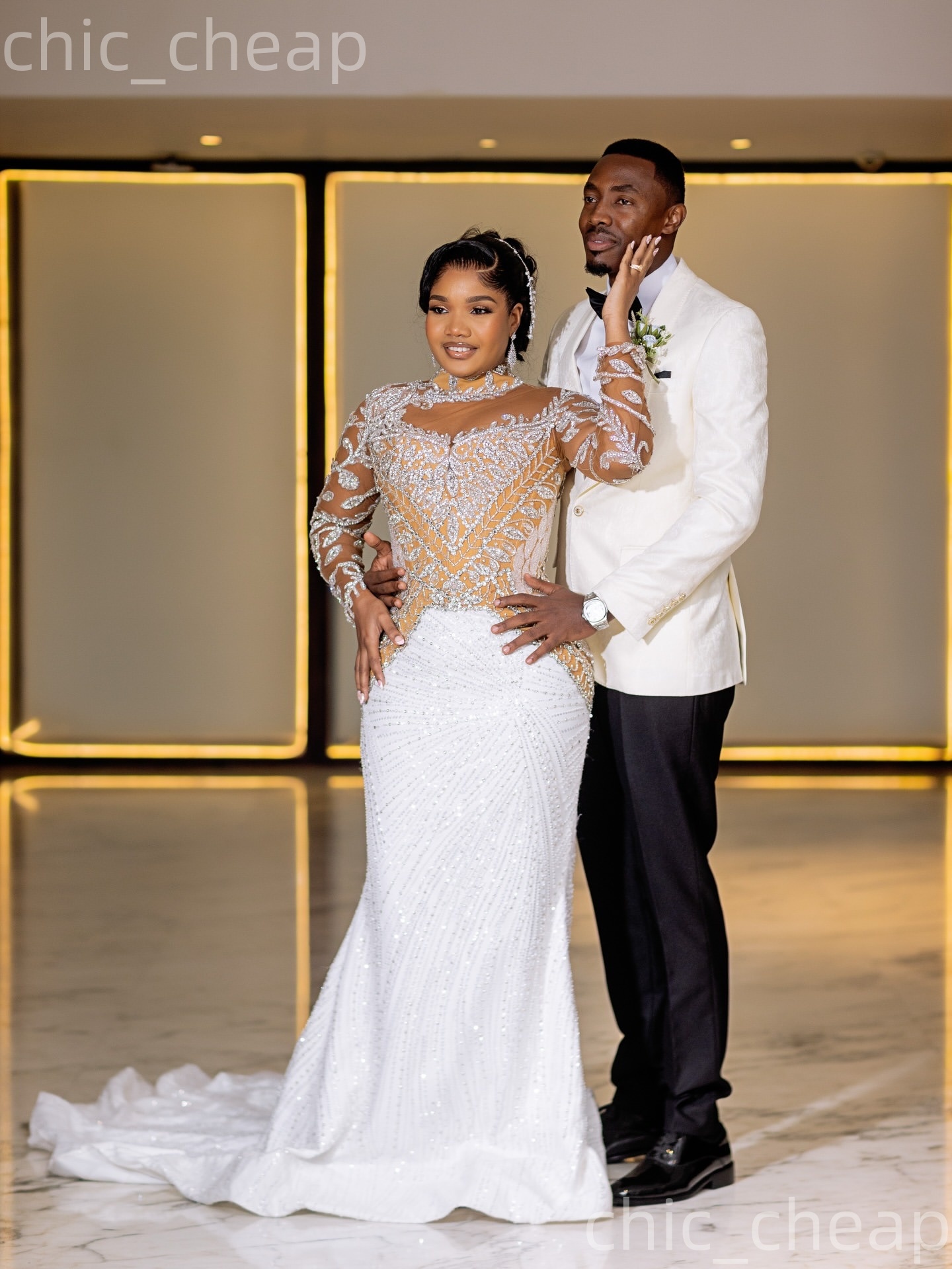 African Aso Ebi 2026 Ivory Mermaid Wedding Dress Beaded Crystals Illusion Full Sleeves Sequined Sparkly Bridal Gowns Dresses ZJ2379