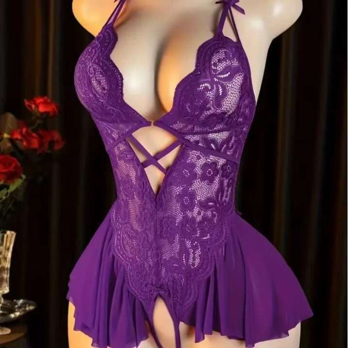 Red Lace Bodysuit with Ruffle Skirt Sexy Halter Neck Lingerie Set for Women, Romantic & Elegant Nightwear - view 4