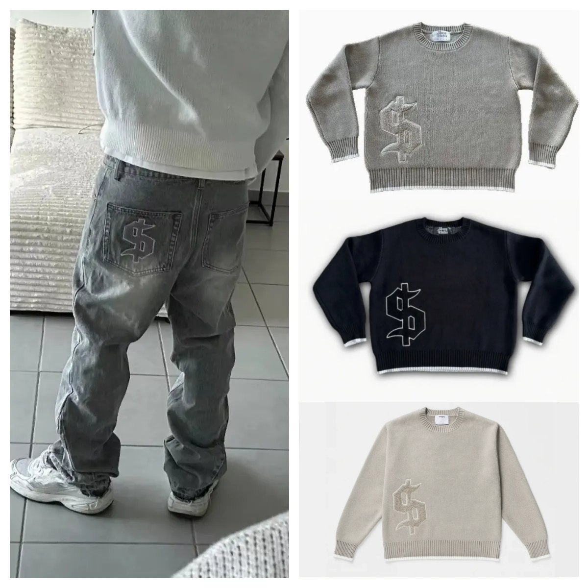 Men's Jeans Y2K Retro Flare Washed Distressed Dollar Embroidery Denim Pants Men Trend Old Money Clean Streetwear Wide Leg Baggy Hip-hop Youth Set