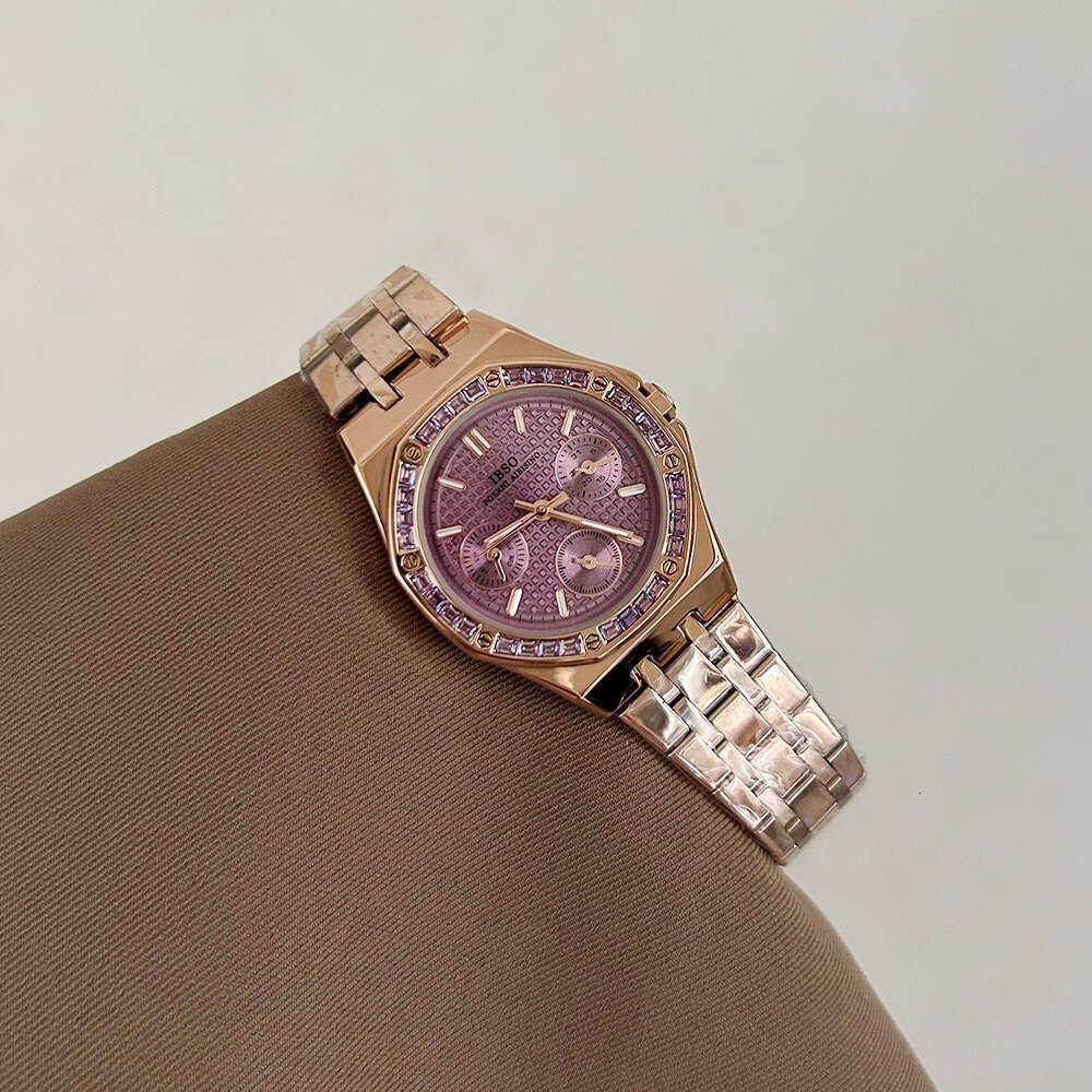 With Box Gold Summer Fashion Dainty Design Steel Band Large Purple Dial Multifunctional Day Date Free gift