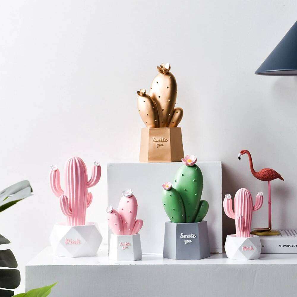 Pink Resin Cactus Desk Decor - Mini Succulent Ornament Girls, Self Care Gift for Women Office & Home