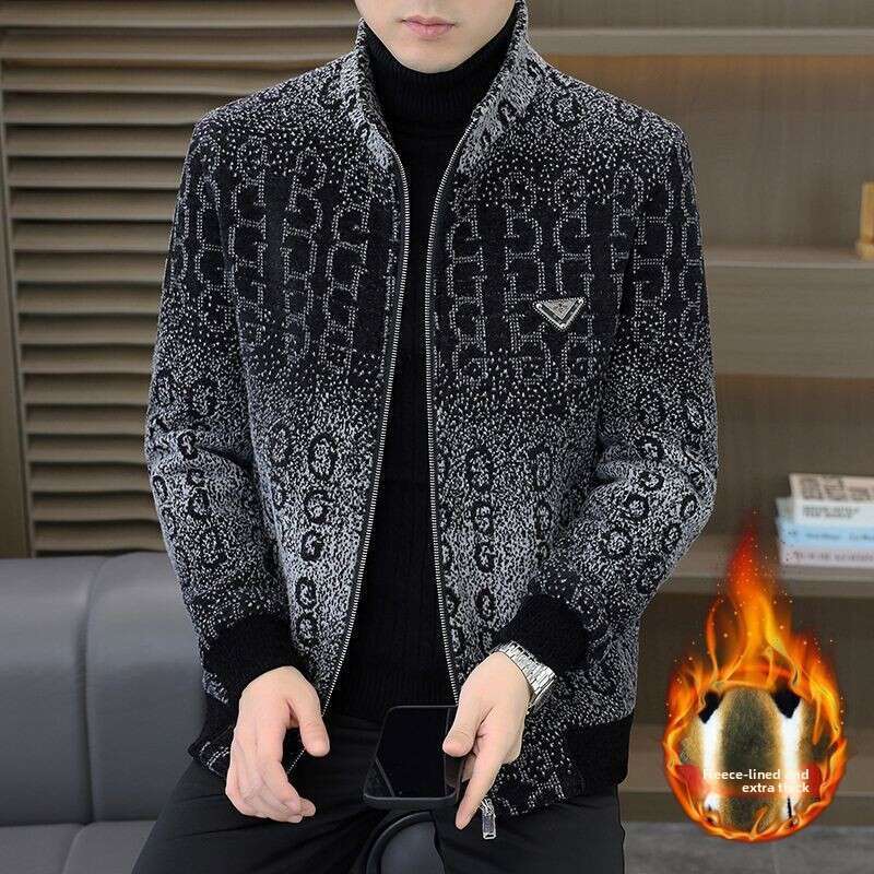 2026 High-End New Gold Mink Velvet Woolen Middle-Aged Men's Coat Warm Stand Collar Thickened Fleece Short Jacket