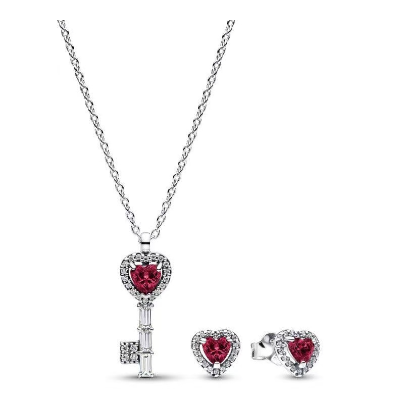 luxury brand key designer pendant necklace earrings stud jewelry set S925 silver red crystal stone lucky keys choker necklaces ear rings earring