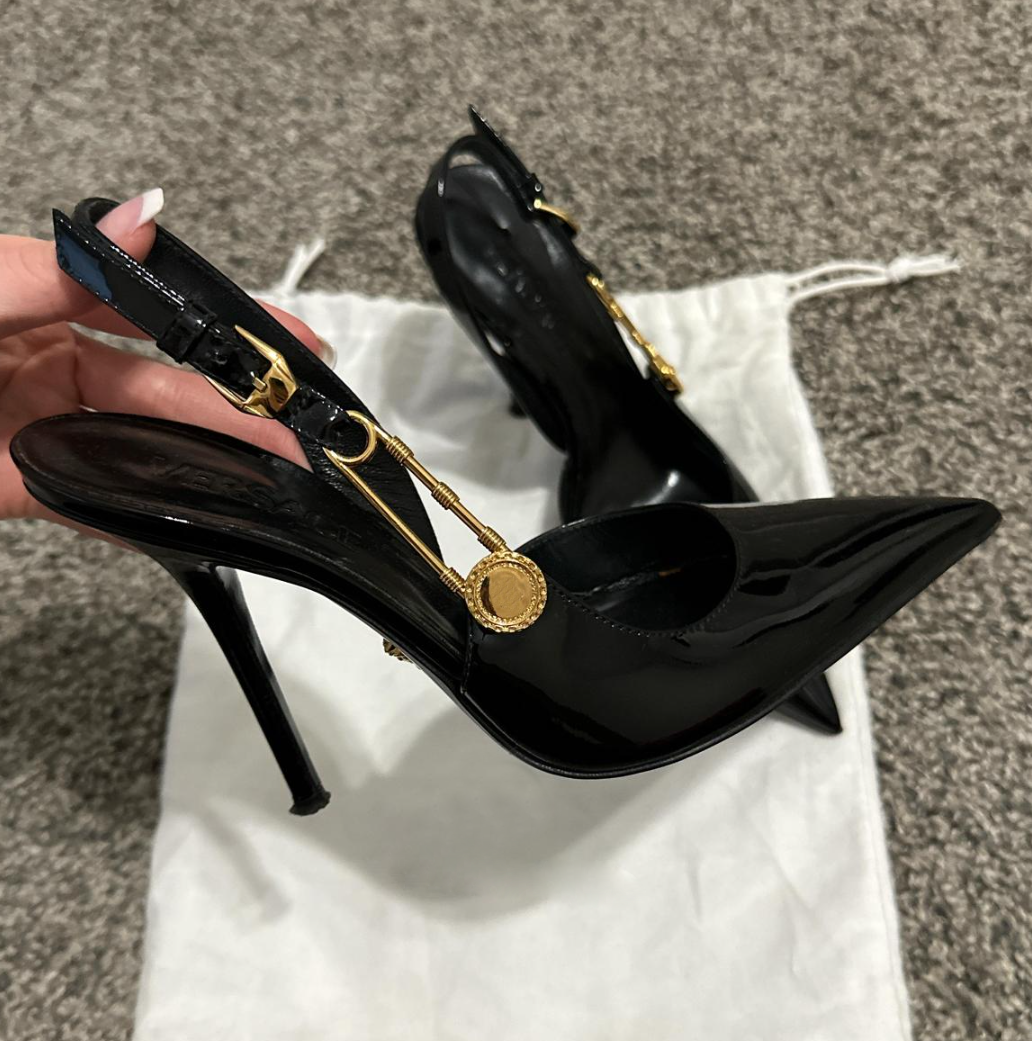 Top Design Women Safety Pin Patent Leather Slingback Pumps Pointed Toe Lady Party Wedding Dress High Heels Elegant Walking