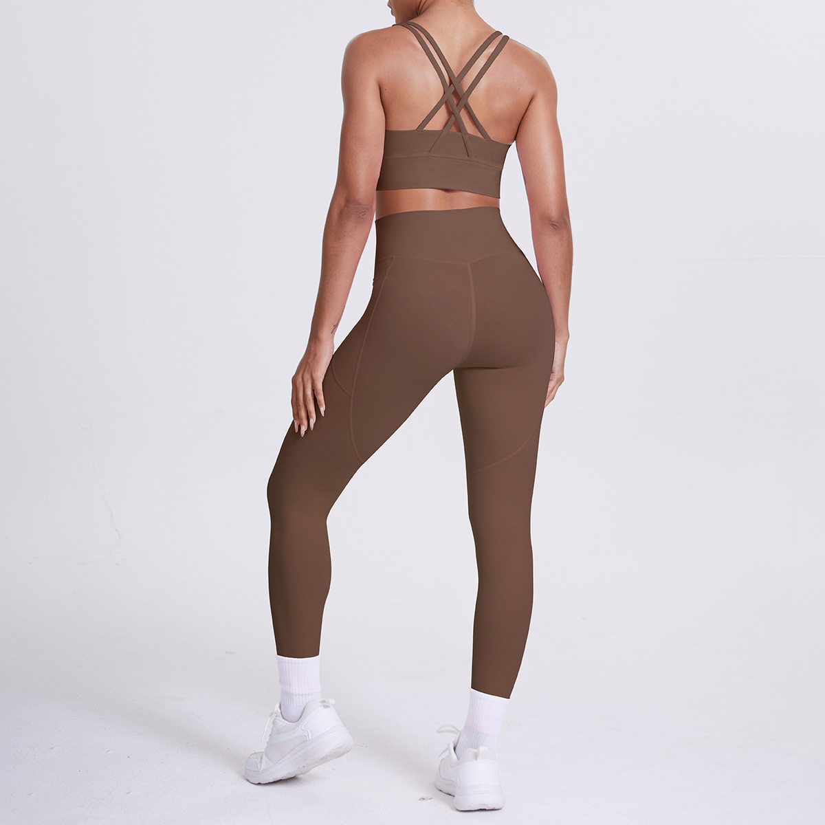Bare-feel brushed cross-back sports bra with chest lift, high-waist pocketed long pants fitness yoga two-piece set A-8772 women set