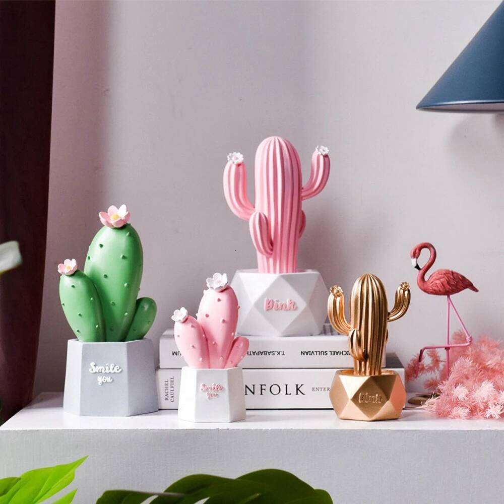 Pink Resin Cactus Desk Decor - Mini Succulent Ornament Girls, Self Care Gift for Women Office & Home