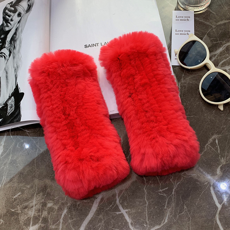 Sweet Lady Autumn Winter Warm Thickened Rex Rabbit Fur Gloves Female Student Writing Knitting Gloves Half Finger Full Finger 241122