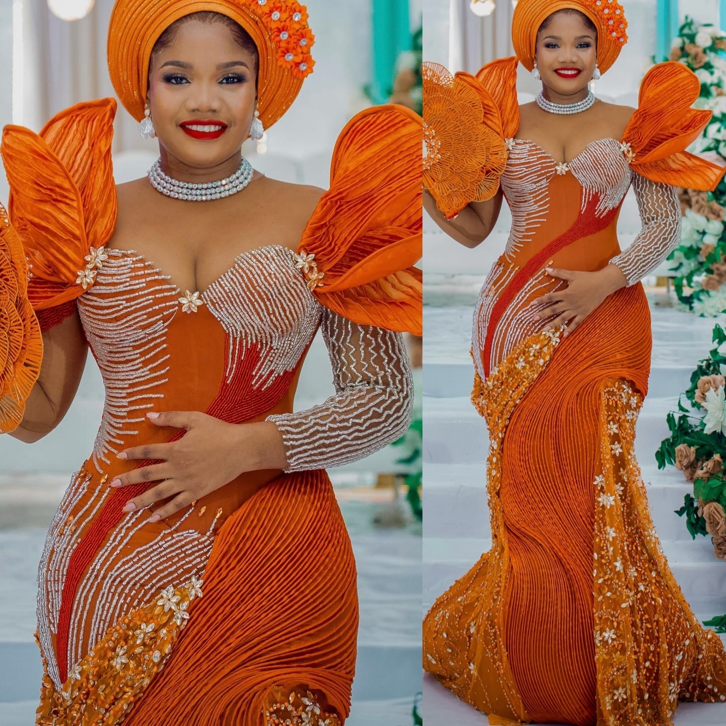 Aso Ebi Orange Nigerian Mermaid Prom Dresses 2026 Pearls Crystals Florals Evening Formal Party Second Birthday Engagement Gowns Dress For Special Occa