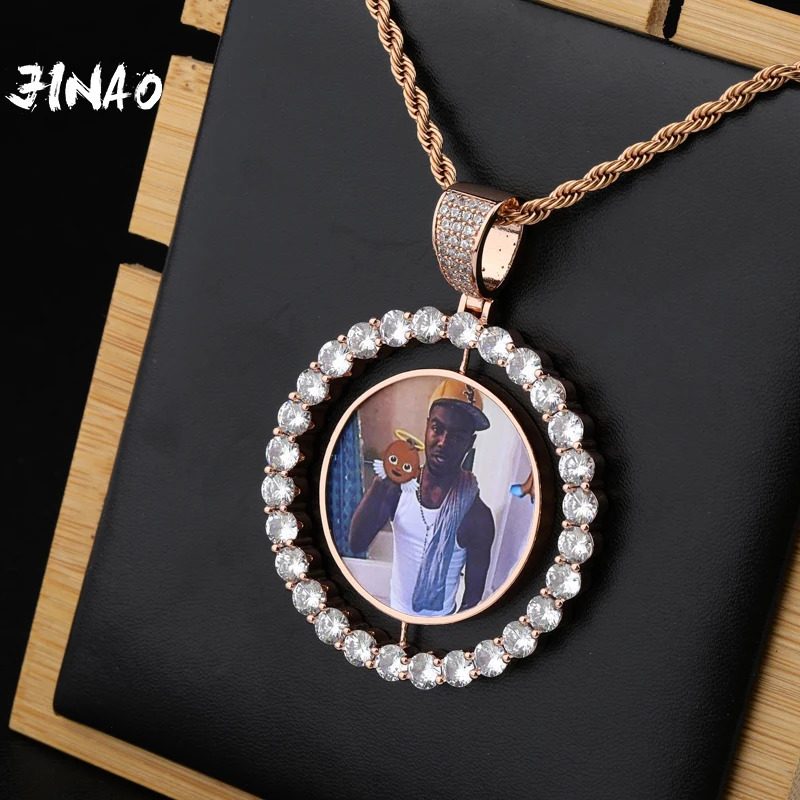 JINAO Custom Made Po Rotating double-sided Medallions Pendant Necklace With 4mm Tennis Chain Zircon Mens Hip hop Jewelry 260120
