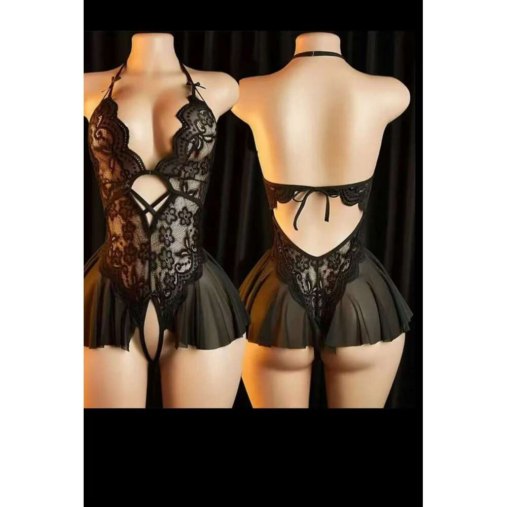 Red Lace Bodysuit with Ruffle Skirt Sexy Halter Neck Lingerie Set for Women, Romantic & Elegant Nightwear - view 8