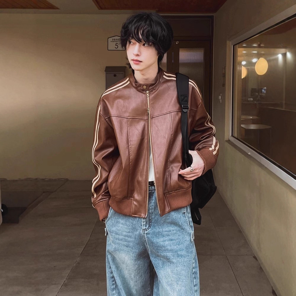 Loose Men's Biker Leather Jacket Korean Style Spring Autumn Stand Collar Zipper Closure Casual Fashion PU Leather Coat