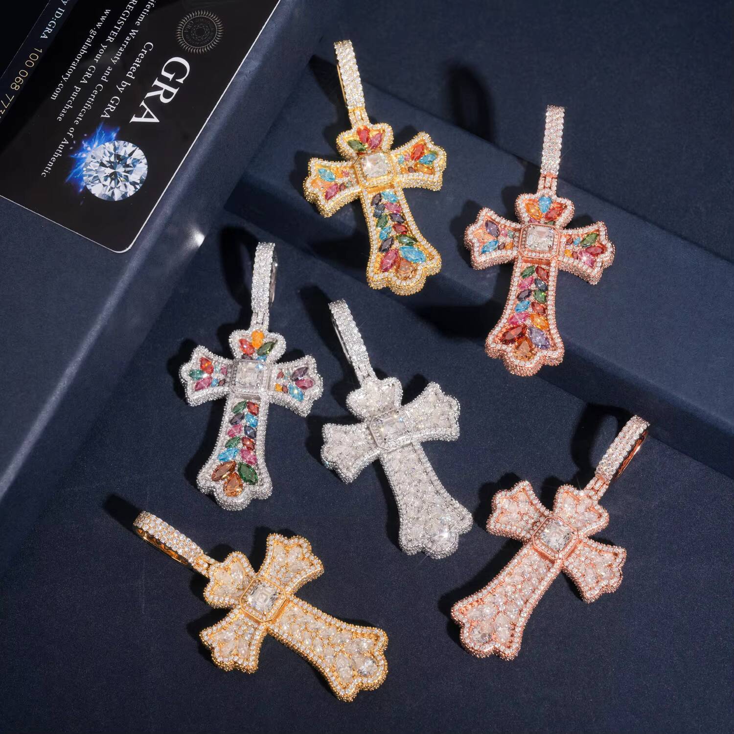 Luxury Fine Quality Religious Jewelry 925 Silver Gold Plated Fancy Shape Iced Out Multi Color VVS Moissanite Cross Charm Pendant