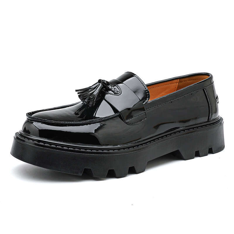 Spring and Autumn Youth Slip-On Loafers Thick-Soled Height-Increasing Black Fashion Men's Casual Leather Shoes