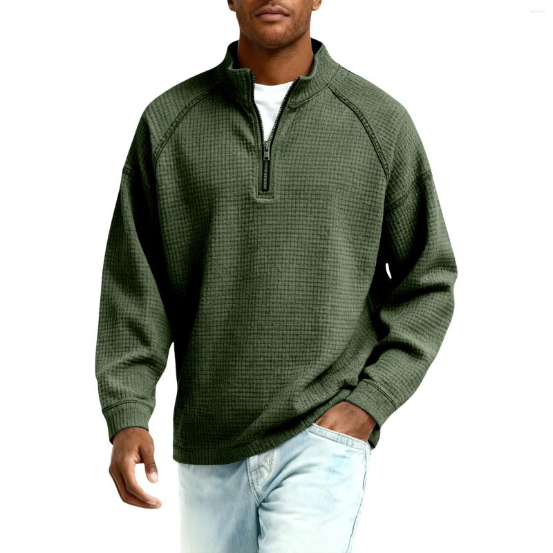 Men's Hoodies Men Waffle Shirt Quarter Zip Collar Knit Pullover Solid Color Loose Fit Casual Top Trendy Outfit Daily Wear Modern Apparel