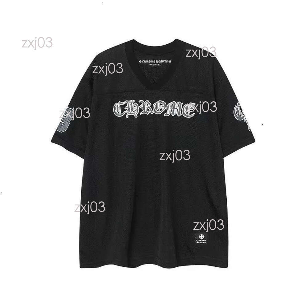 Chrome Jersey Designer Chrome Football Jersey Heartsuit Summer Mesh Breathable Hot Stamping Sanskrit Printed Tee Mens Gothic Style Streetwear Chrome Tshirrt 925