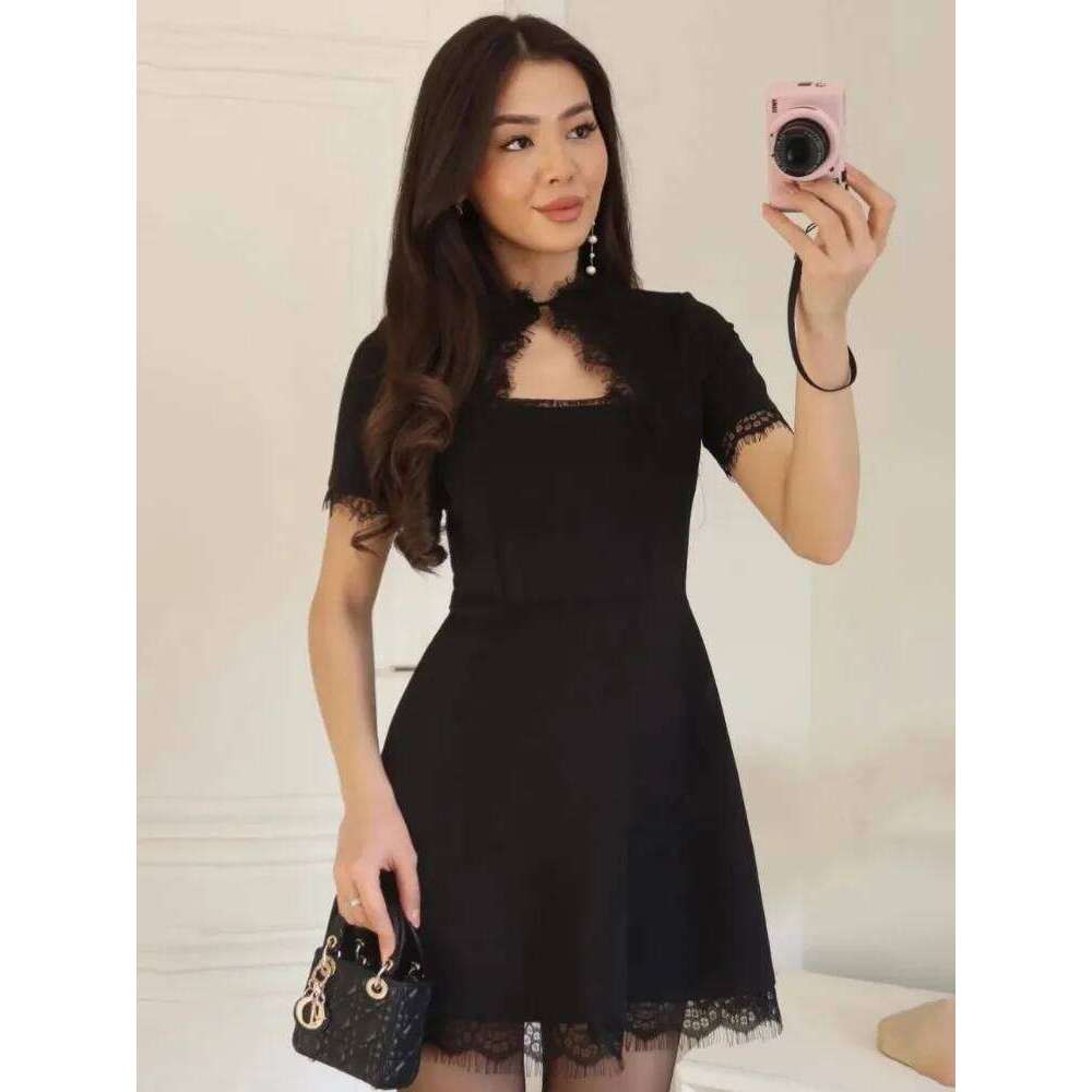 Tossy Black Lace Hollow Out Mini Female Patchwork Short Sleeve Sexy High Waist Party Women's Casual Printed Dress