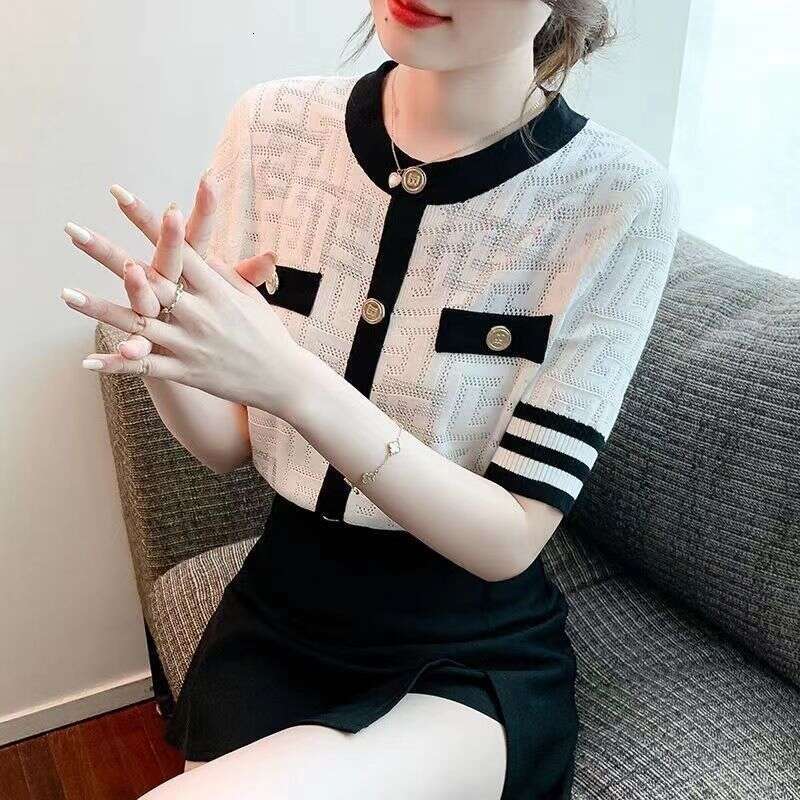 Luxury High-end Shiny Diamond Ice Silk T-shirt Thin Tops Button Summer Knit Tees Short Sleeve Striped Women's Clothing Outerwear