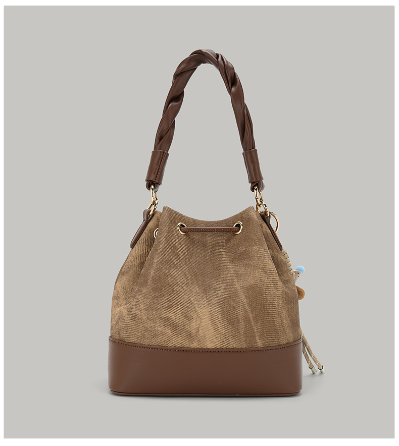 Vintage Monogram Canvas Bucket Bag Braided Handle Crossbody Purse With Cute Charms Free shipping