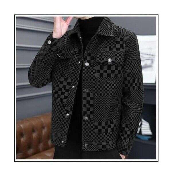 Thin Checkerboard Collar Leather Jacket For Men Men's Jacket Autumn Winter Slim Plus Fashion trend Thickened Biker Casual Coat Men plaid Leather 