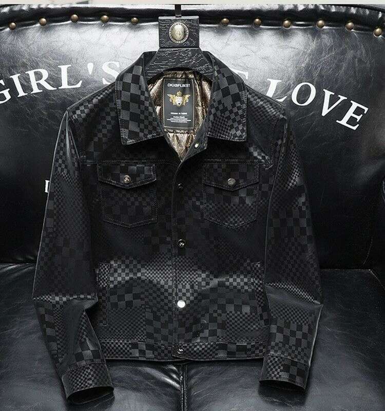 Thin Checkerboard Collar Leather Jacket For Men Men's Jacket Autumn Winter Slim Plus Fashion trend Thickened Biker Casual Coat Men plaid Leather 