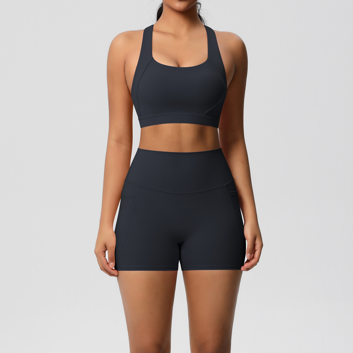 Two-piece set of double-sided brushed sports bra pocket shorts Pilates running fitness and yoga wear A-4902 women set