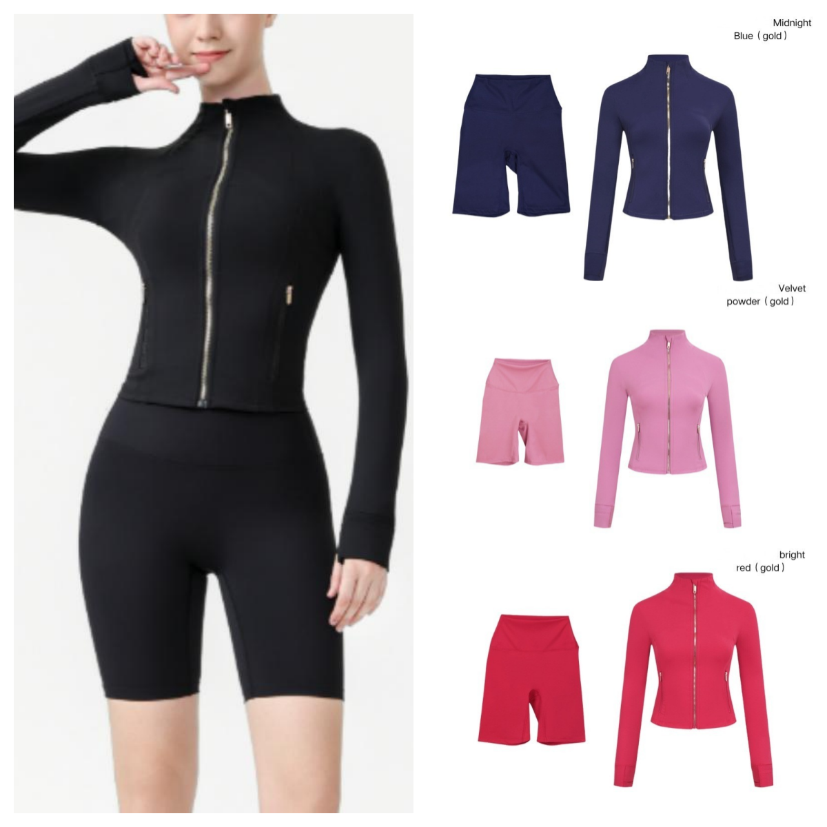 Yoga outfit short cut stand up collar jacket tight fitting slim fit sports and fitness women polka dot flocked df stand collar Golden set top women slim fit jacket