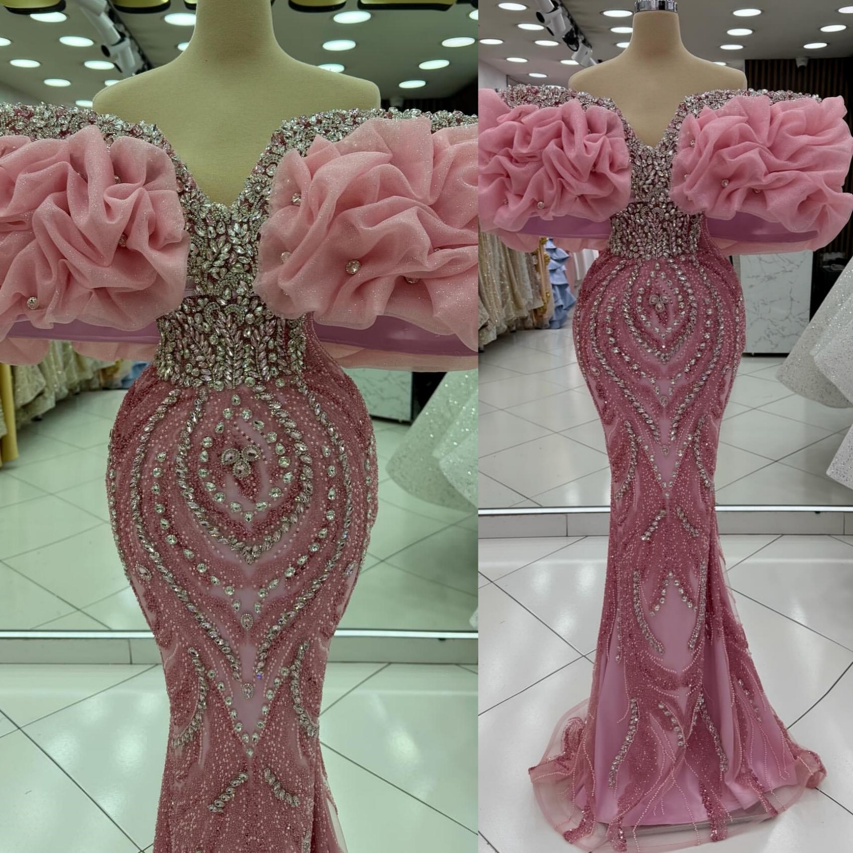 Aso Ebi 2026 Pink Mermaid Prom Dresses Crystals Off Shoulder Sequined Evening Formal Party Second Birthday Engagement Gowns Dress For Special Occasion