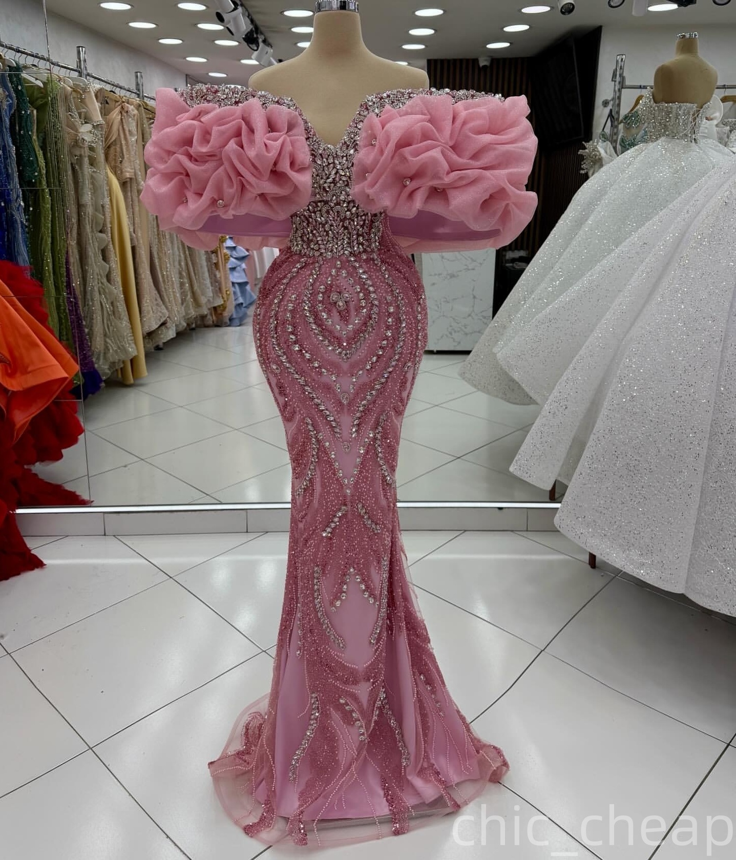 Aso Ebi 2026 Pink Mermaid Prom Dresses Crystals Off Shoulder Sequined Evening Formal Party Second Birthday Engagement Gowns Dress For Special Occasion