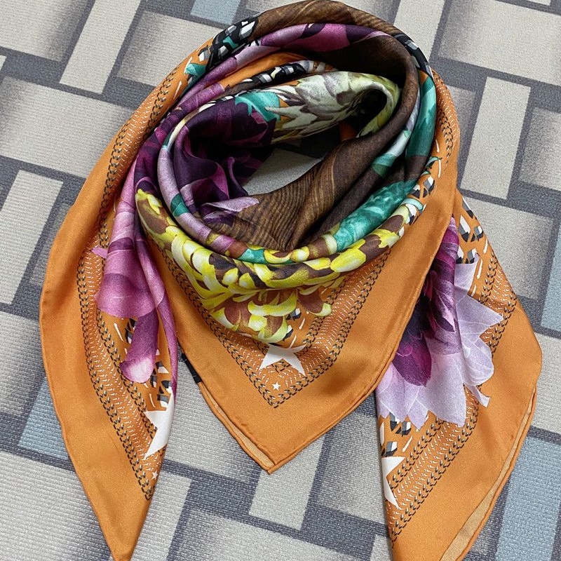 Women's square scarf scarves goodquality 100% twill silk material orange color pint letter stars flowres pattern size 90cm - 90cm