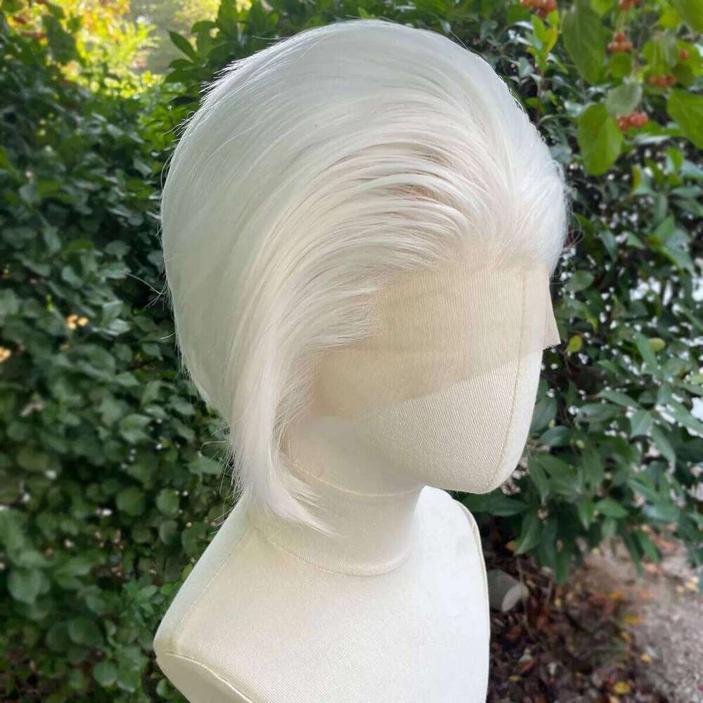 Widow's Peak Short Bob Cut Synthetic Front Women Cosplay For Men White Color Glueless 13X4 Lace Wigs Natural SHXI