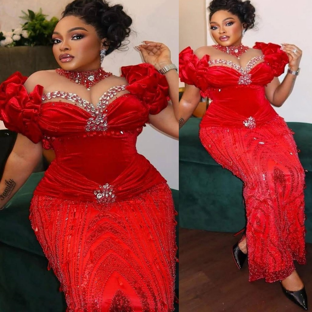 Aso Ebi Nigerian Red Sheath Prom Dresses 2026 Crystals Sheer Neck Sequined Evening Formal Party Second Birthday Engagement Gowns Dress For Special Occ