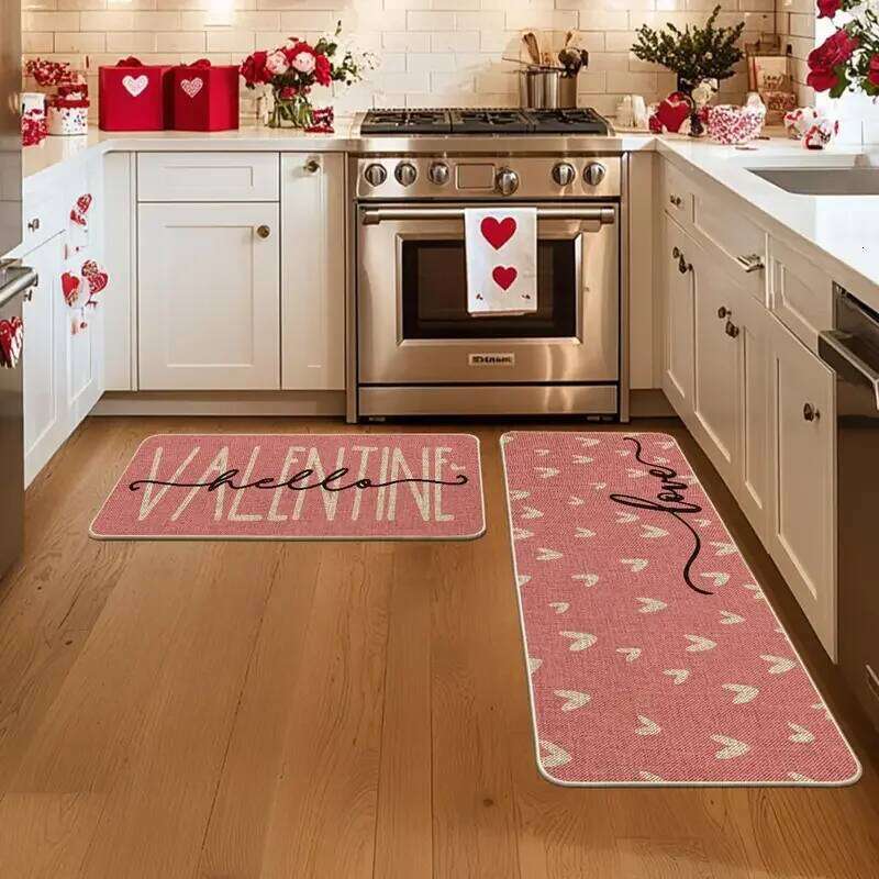 Valentine's Day Heart Themed Crystal Velvet Kitchen Mat Decorative Stain Resistant And Easy To Clean Entryway Doormat