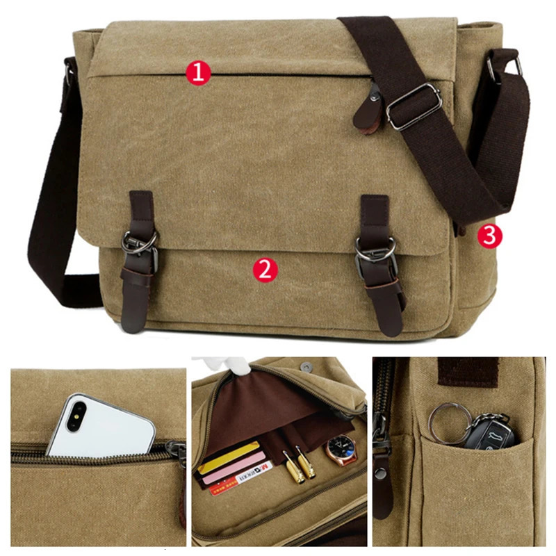 Scione Men Canvas Messager Bags Casual Crossbody Multifunction Handbags Solid Zipper Shouder Single Strap Travel Flap Mens Bag 260121