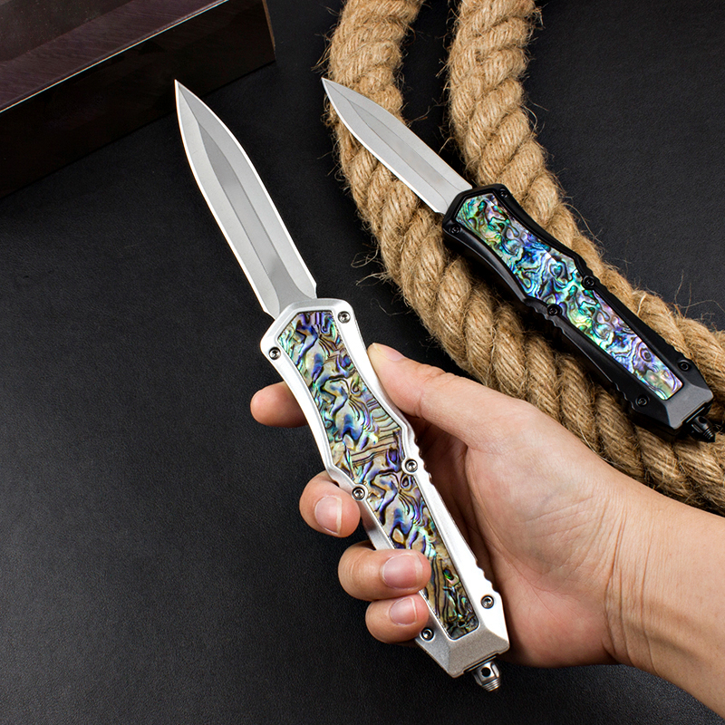 High Quality H2025 Tactical Knife 440C Stone Wash Double Edge Spear Point Blade Zn-al alloy /Abalone shell Handle EDC Pocket Knives 2 Style