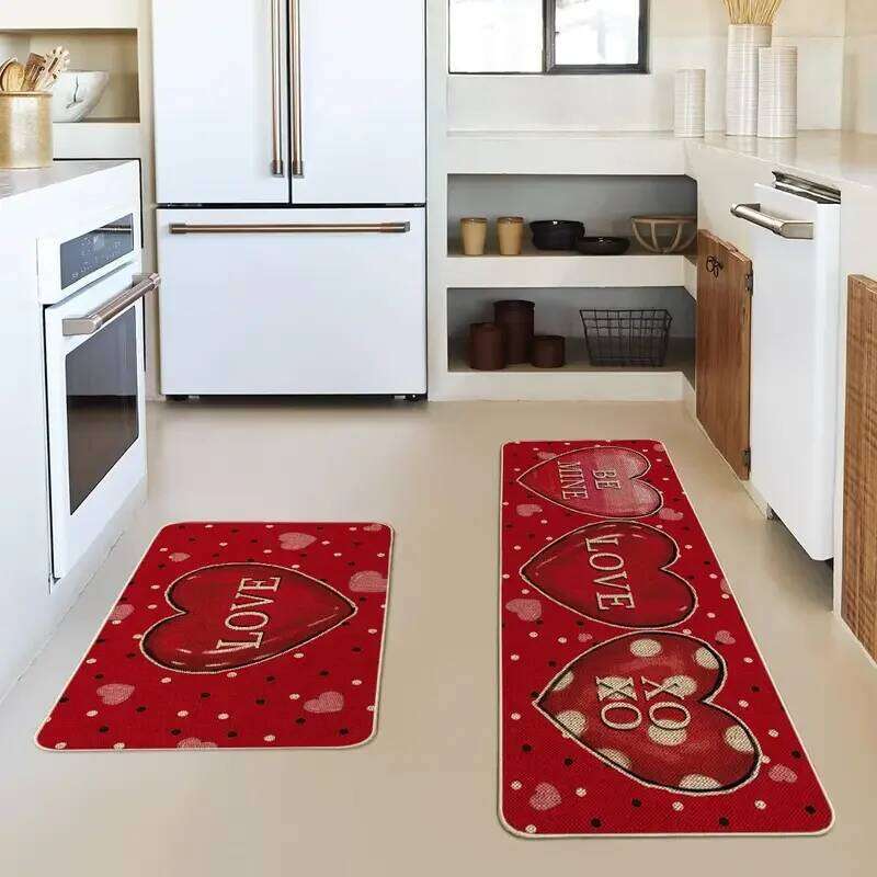 Valentine's Day Heart Themed Crystal Velvet Kitchen Mat Decorative Stain Resistant And Easy To Clean Entryway Doormat