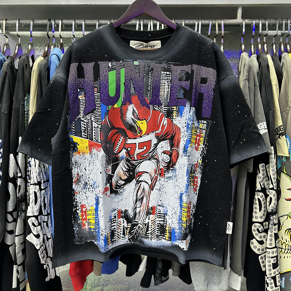 Men's T Shirts BKYS Tshirts Diamond Retro Graffiti Skeleton Devil Print Washed Black Cotton Vintage Short Sleeve Loose Street Round Neck Tops Men