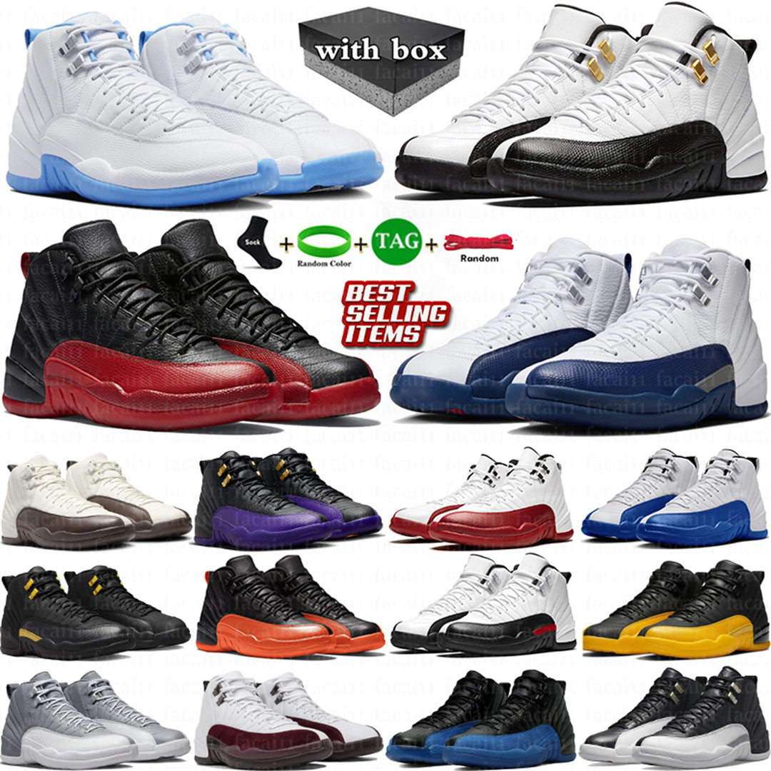 With Box Jump 12 12s Taxi 2025 Melo French Blue Flu Game Cherry Mens Basketball Shoes Red Playoffs Fieled Purple Brilliant Orange Wolf Grey Man Sports Sneakers