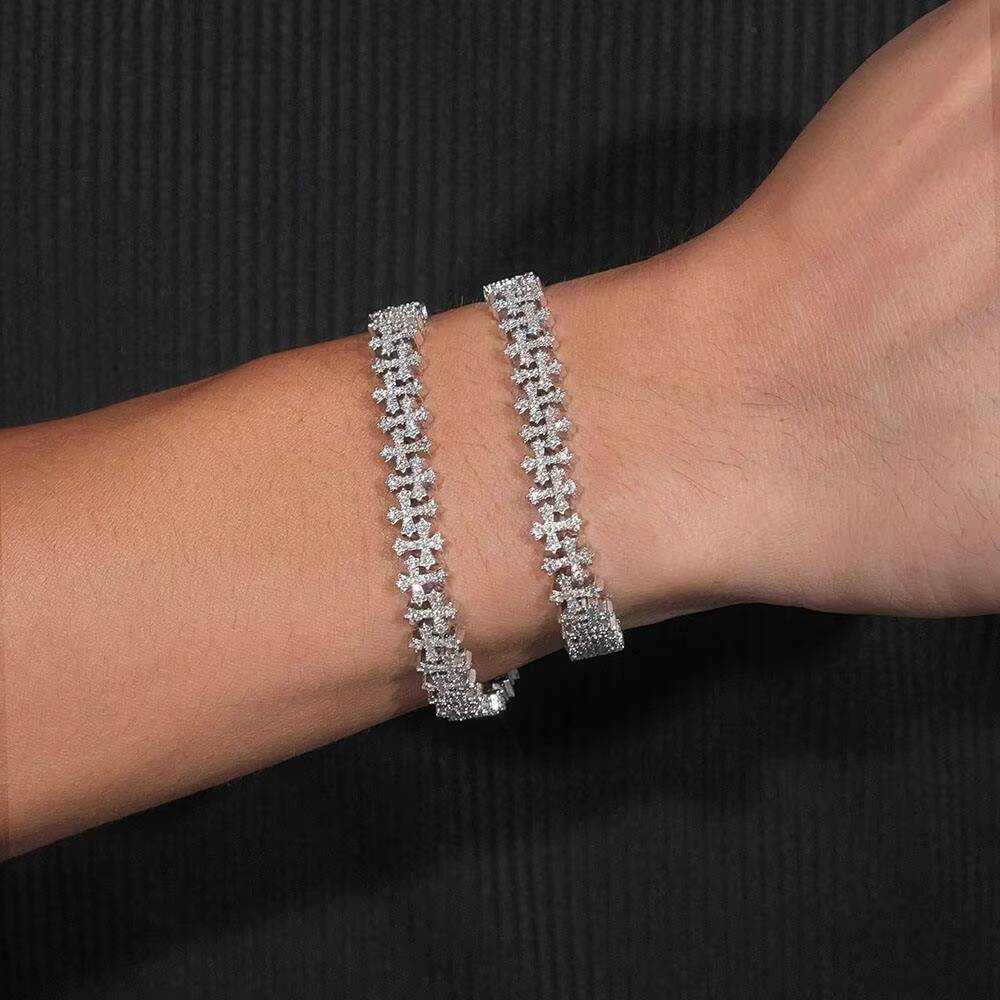 8mm Cross Cuban Chain Vvs Moissanite Hop Bracelet 925 Silver For Men And Women Cross Cuban Bracelet For Men And Women
