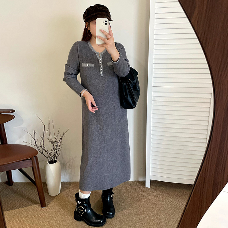 VIP large size women's clothing temperament small fragrant dress women's semi-open chest sweater skirt 2025 winter fat mm knitted skirt 23276