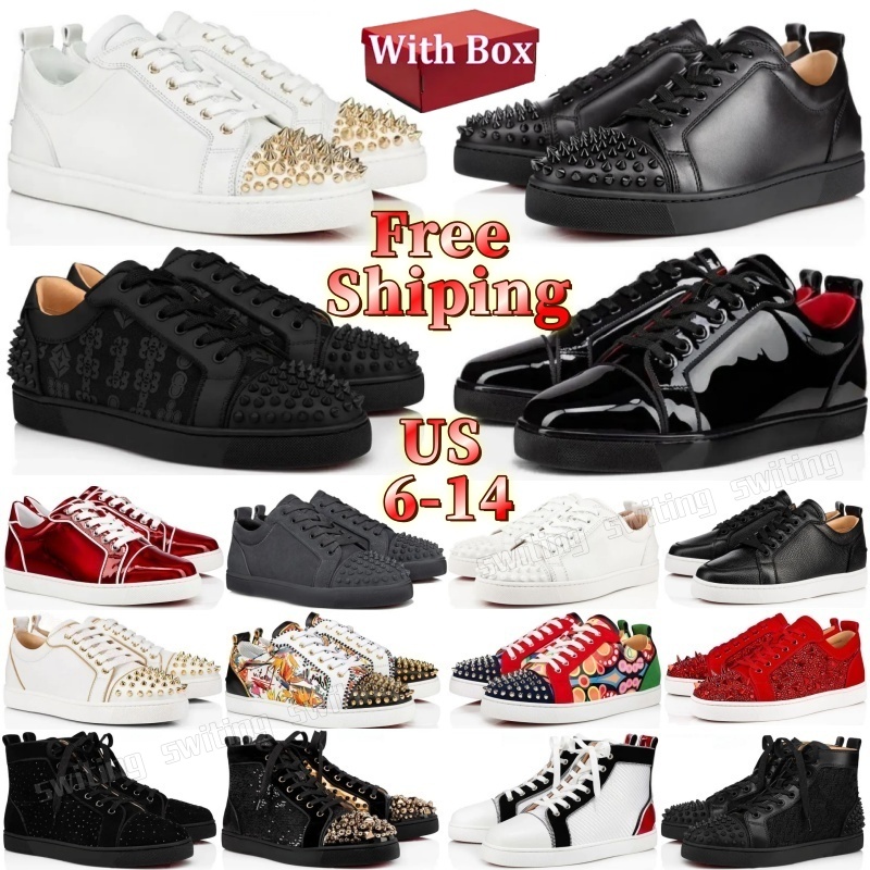 Free Shipping Luxury Designer Red Bottoms Dress Shoes Mens Womens Casual Sneakers Glitter Grey Rivets Leather Suede Camo Spikes Office Career Wedding Trainers 36-48