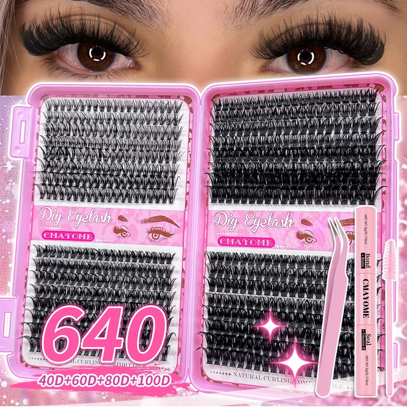640Pcs DIY Cluster Lashes Kit with Lash Bond & Seal Natural Thick Individual Eyelashes Fluffy Wispy Handmade Reusable D Curled DIY Segmented Eyel