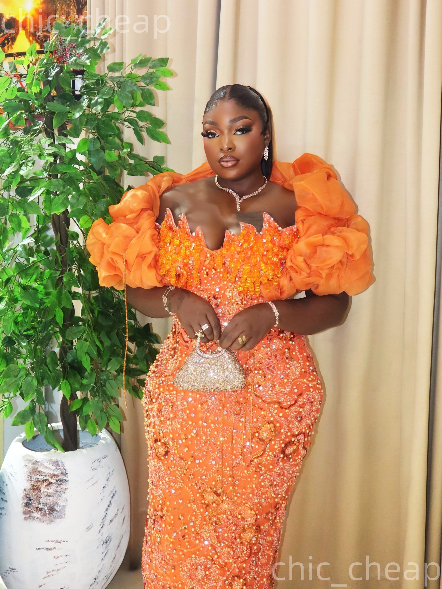 Aso Ebi Orange Sheath Prom Dresses 2026 Crystals Pearls Portrait Sequined Evening Formal Party Second Birthday Engagement Gowns Dress For Special Occa
