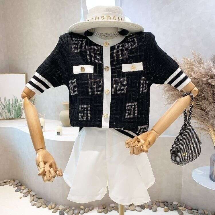 Luxury High-end Shiny Diamond Ice Silk T-shirt Thin Tops Button Summer Knit Tees Short Sleeve Striped Women's Clothing Outerwear