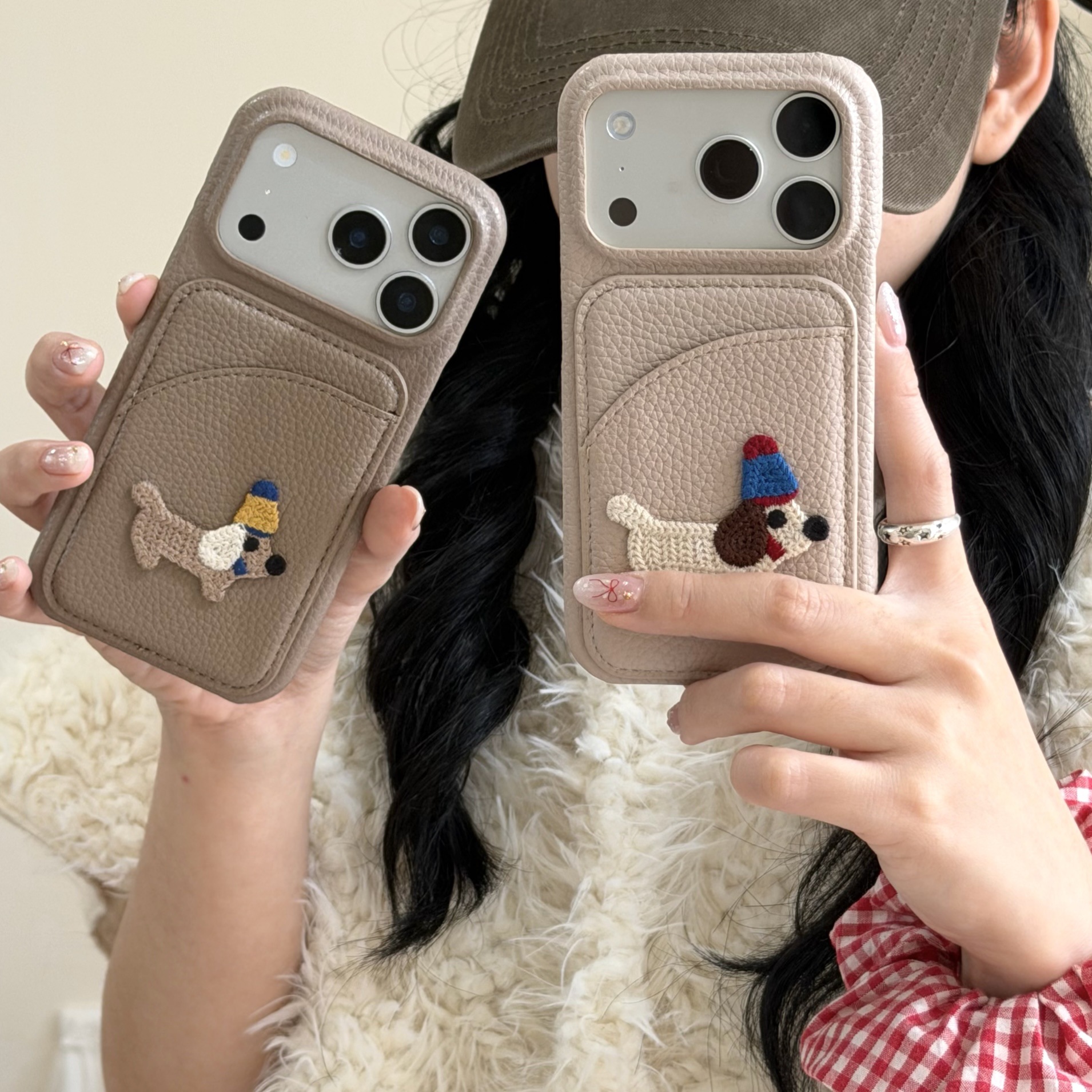 Phone case Cardcase hat puppy suitable for Apple 17 phone case iPhone 14 Pro hard shell 13 slot 16E cute 15p 15 14 13 12 X 11 Pro Max Pu Leather Coque Fundas